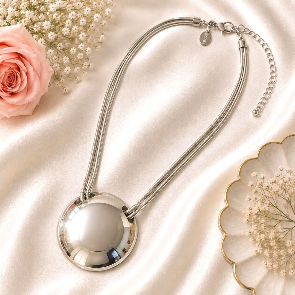 Chico's Silver Tone Large Dome Circle Pendant Statement Necklace 18"